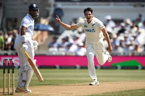 Will O’Rourke makes an early breakthrough for New Zealand by removing Emilio Gay.