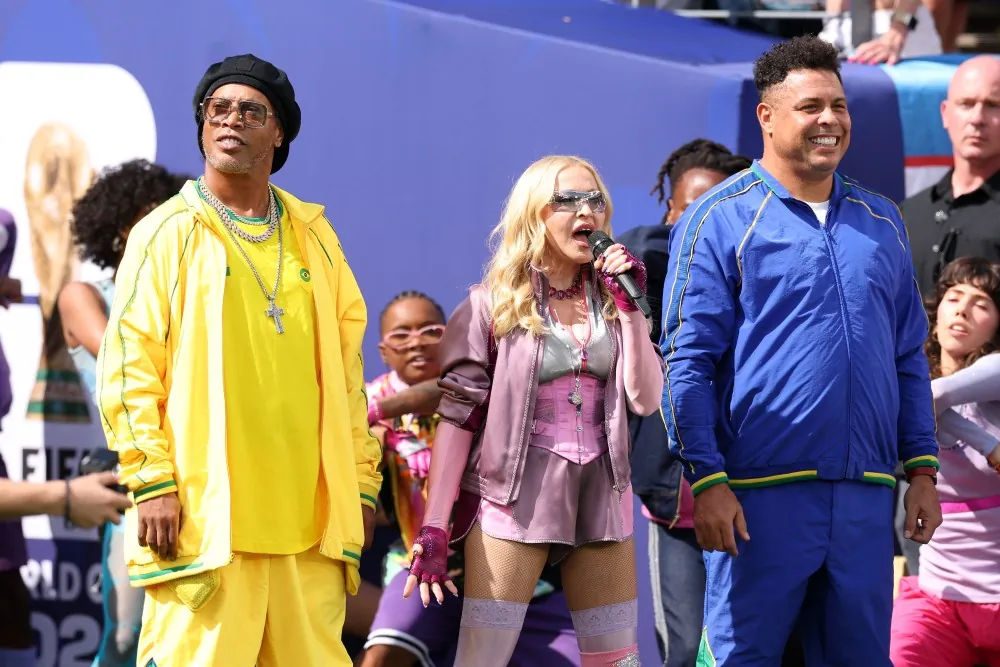 EAST RUTHERFORD, NEW JERSEY - JULY 19: Ronaldinho, Madonna and Ronaldo perform during the Topps Final Halftime Show in the FIFA World Cup 2026 Final match between Spain and Argentina at New York New Jersey Stadium on July 19, 2026 in East Rutherford, New Jersey. (Photo by Michael Regan - FIFA/FIFA via Getty Images)