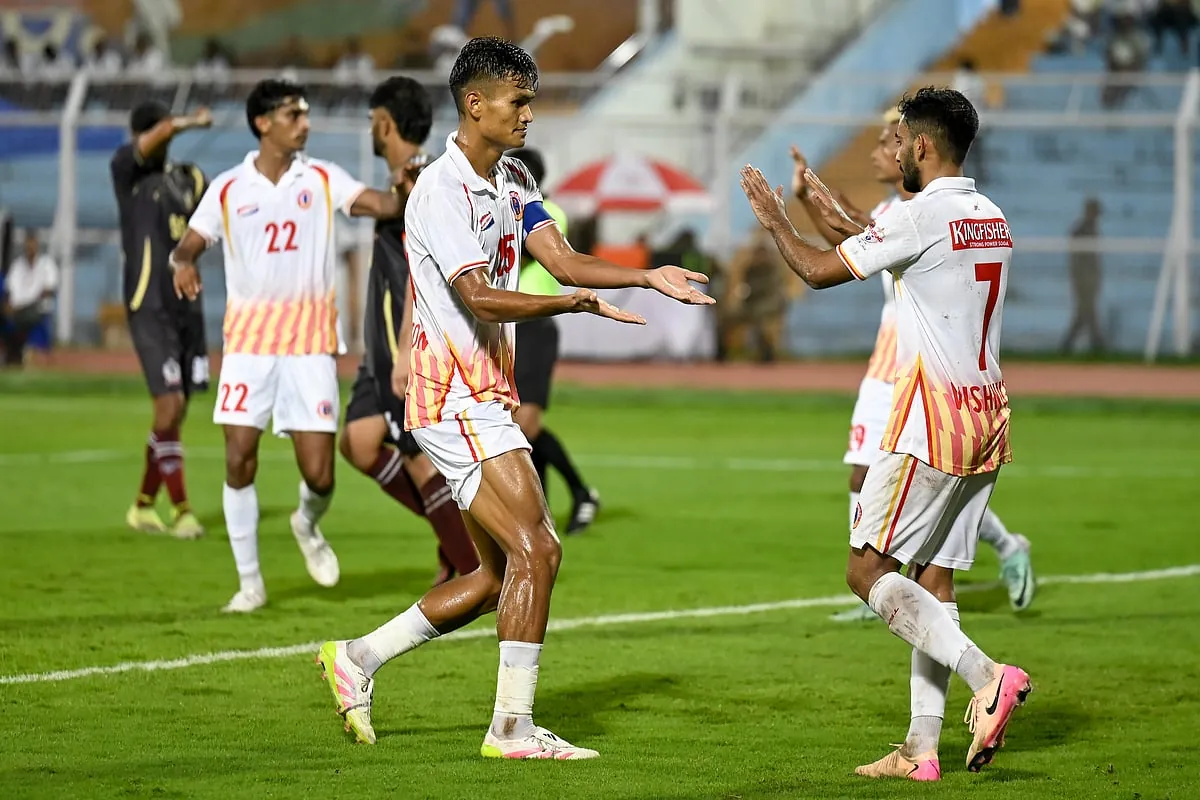 East Bengal players celebrate against CISF Protectors on Friday